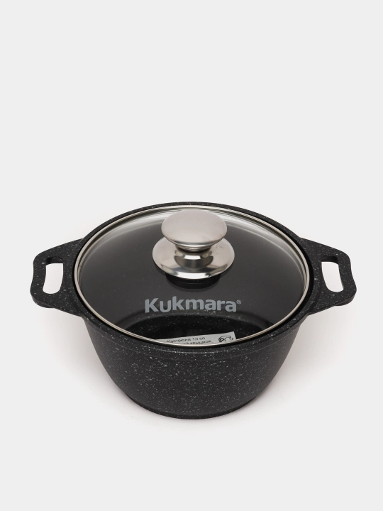 Kastryulya Kukmara, shisha qopqoq bilan, qora mramor