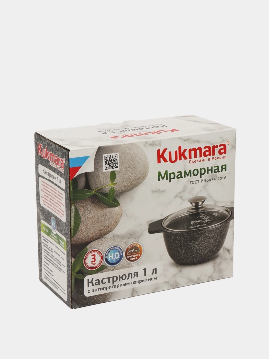 Kastryulya Kukmara, shisha qopqoq bilan, qora mramor