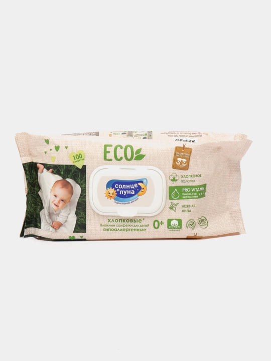 Влажные салфетки детские Солнце и Луна ECO, с экстрактом липы, 100 шт - 