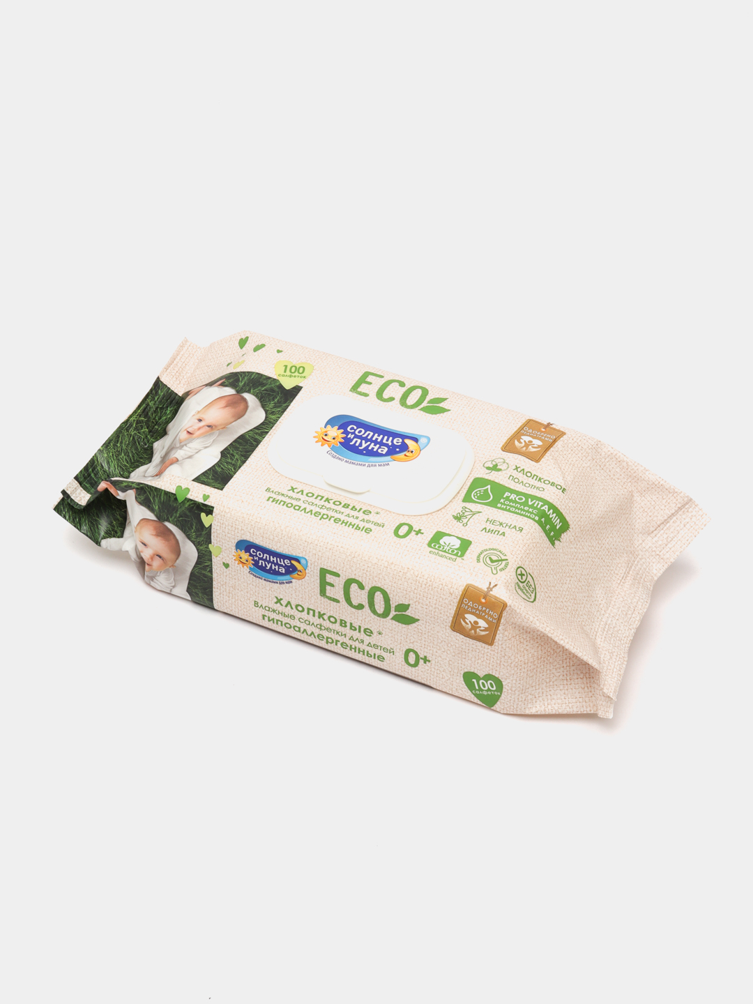 Bolalar uchun nam salfetkalar Солнце и Луна ECO, lipa ekstrakti bilan, 100 dona
