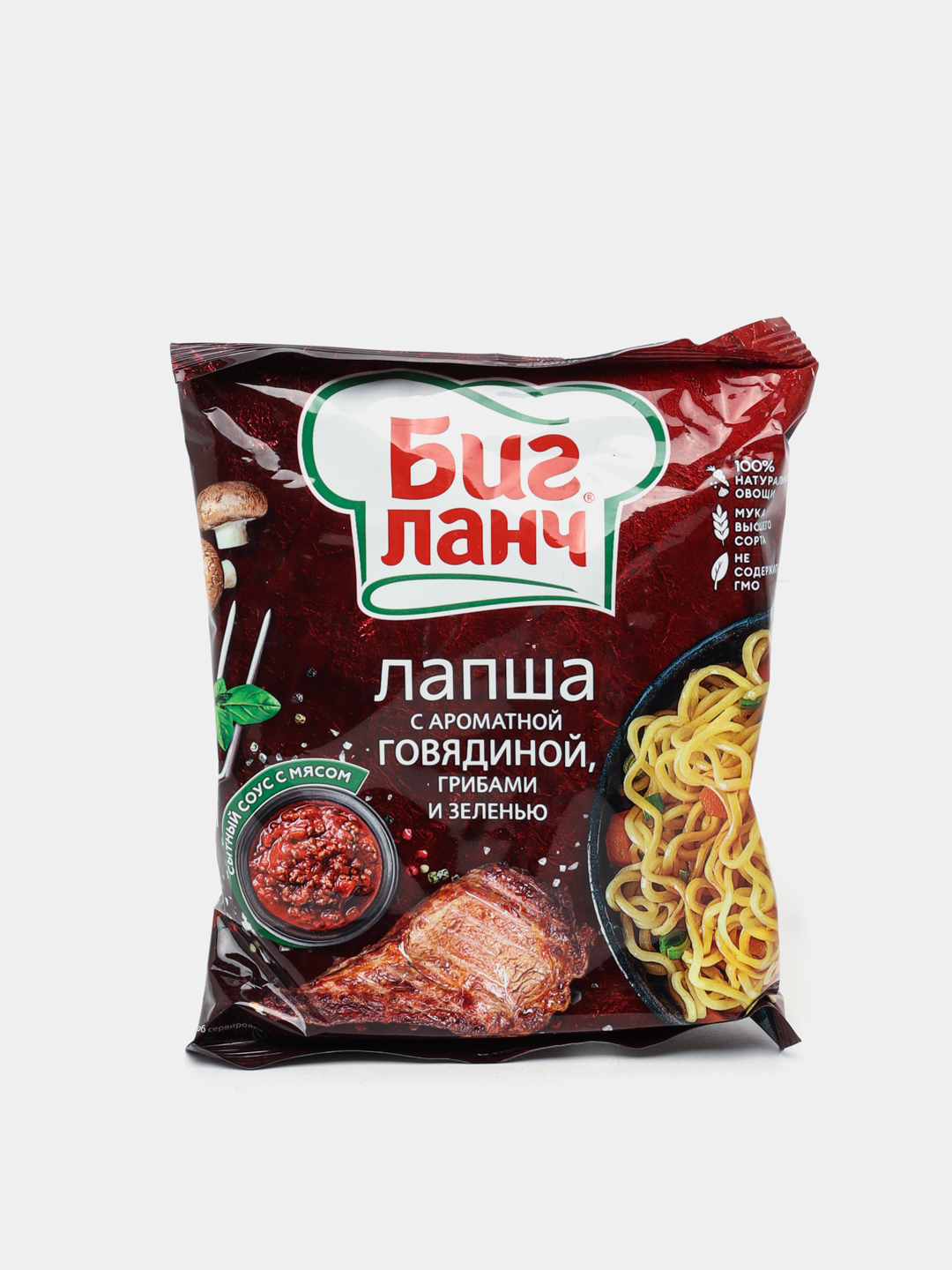 Tez tayyorlanadigan lapsha Big Lanch, xushbo'y mol go'shti, qo'ziqorin va o't bilan, 75 gr - 