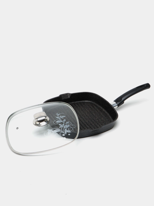 Tova gril yechiladigan tutqich va shisha qopqoqli Kukmara Granit Ultra 28×28 sm