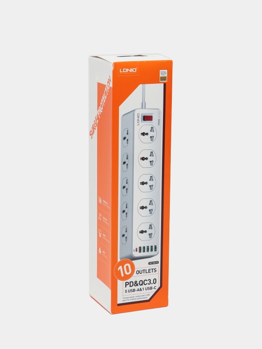 Tarmoq uzatma kabeli pilot filtr 10 ta rozetka tez zaryadlash Quick Charge 3