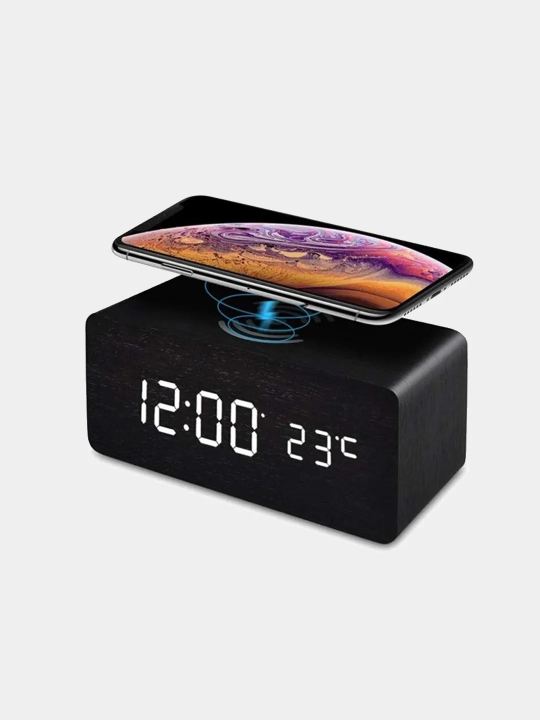 Ish stoli raqamli soat-budilnik VST, smartfon uchun simsiz zaryadlash, termometr