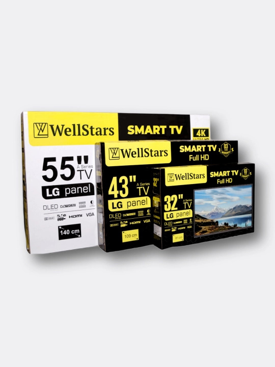 Телевизор WellStars смарт 32", 43", 55", 70", пульт с голосовым поиском