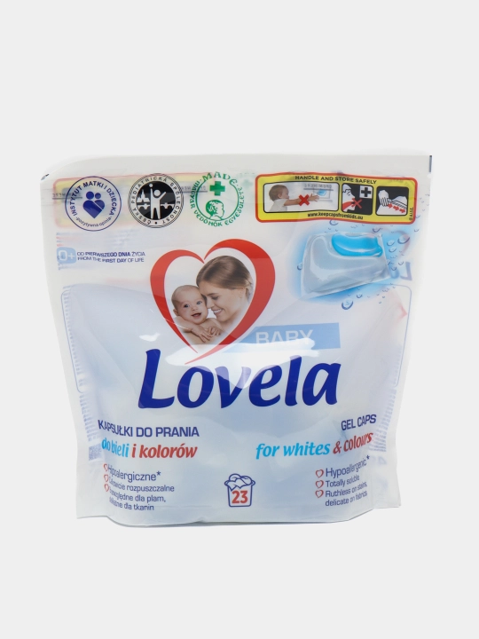 Oq va rangli choyshabni yuvish uchun kapsulalar Lovela Baby, butun oila uchun, 23 dona - 