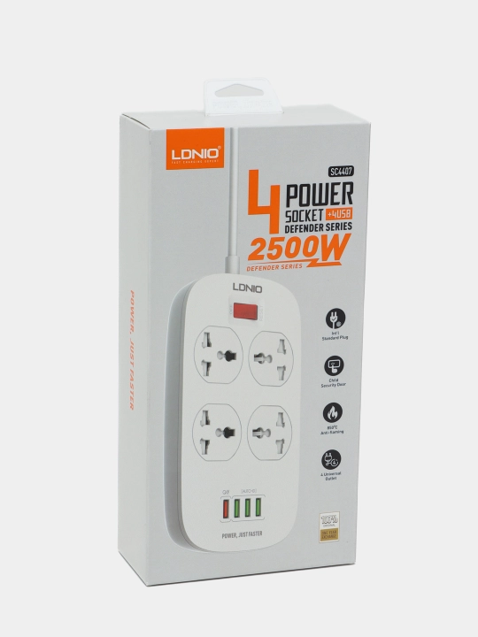 Сетевой фильтр пилот удлинитель LDNIO SC4407, 4 розетки, 2 м, с/з, 10А 2500 Вт - 