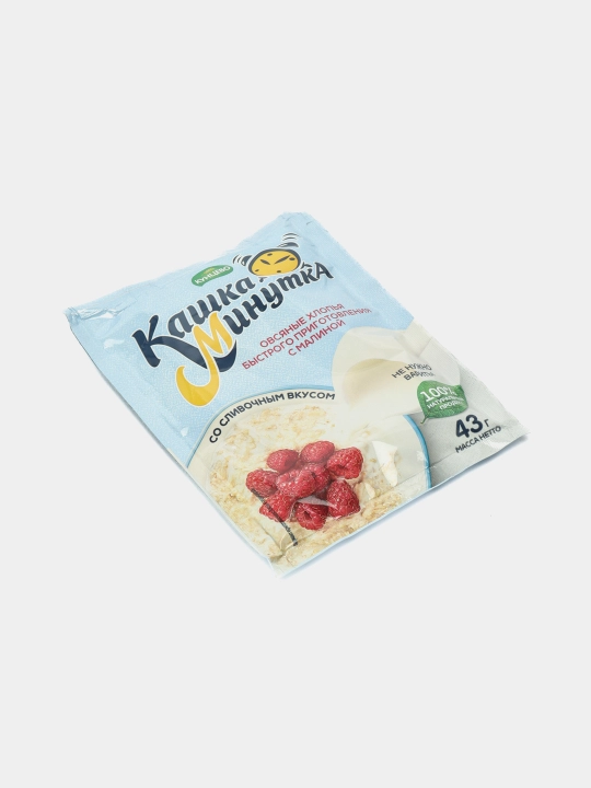 Tez tayyorlanadigan bo'tqa Kashka-Minutka, ovsyanka yormasi, malina va qaymoq, 43 g
