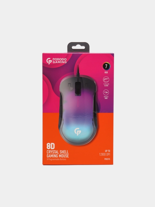 O'yin sichqonchasi Porodo RGB 8d Crystal Shell 12800 DPI, shaffof sichqoncha