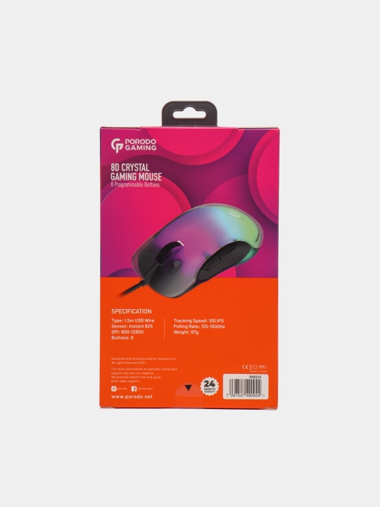 O'yin sichqonchasi Porodo RGB 8d Crystal Shell 12800 DPI, shaffof sichqoncha