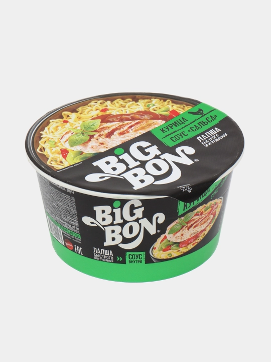 Tez tayyorlanadigan lapsha Big Bon, tovuq ta'mli va salsa sousi bilan, chashka