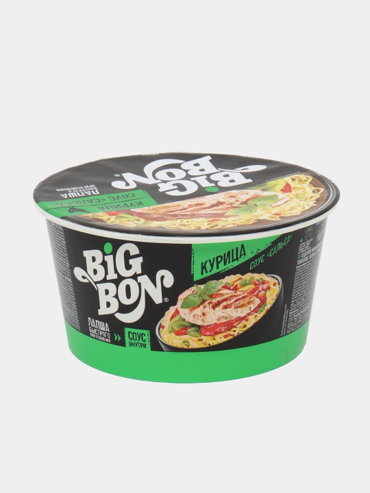 Tez tayyorlanadigan lapsha Big Bon, tovuq ta'mli va salsa sousi bilan, chashka