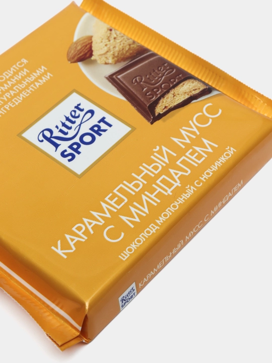 Ritter Sport sutli shokoladi, karamel mussi va bodom nachinka bilan, 100 g