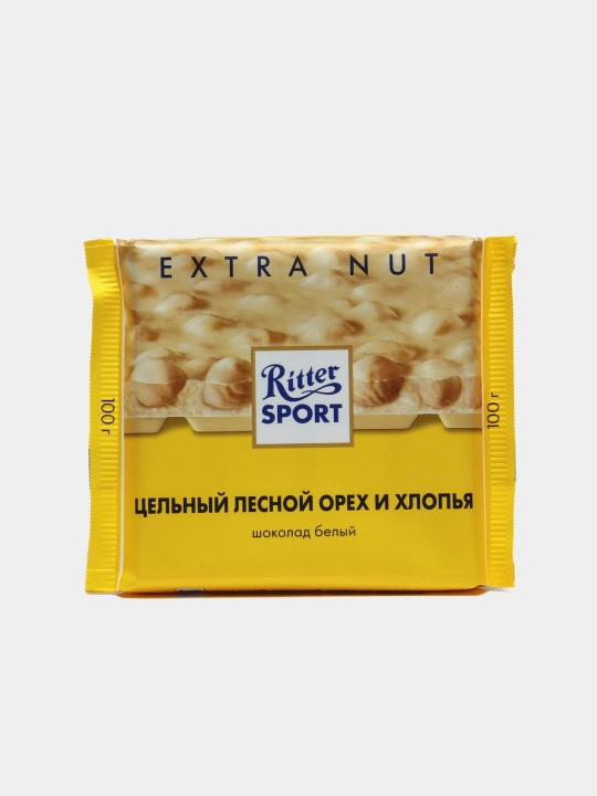 Oq shokolad Ritter Sport, butun findiq va don bo'laklari bilan, 100 g