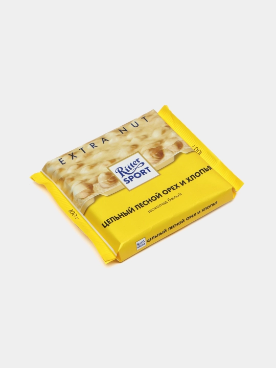 Oq shokolad Ritter Sport, butun findiq va don bo'laklari bilan, 100 g
