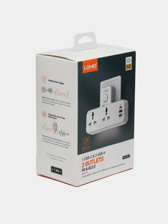 Devorga o'rnatilgan kuchlanish himoyachisi 2500W-10 amperli Ldnio SC2311 USB rozetkalari bilan