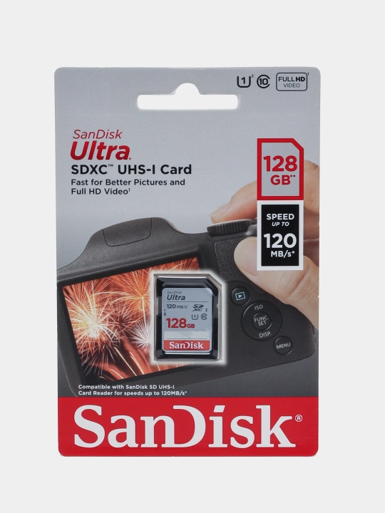 SanDisk Ultra SD flesh-disk, 128 GB, kamera uchun - 