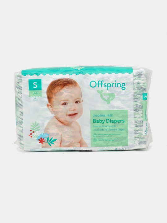 Подгузники Offspring, S 3-6 кг, 48 шт, расцветка Листочки
