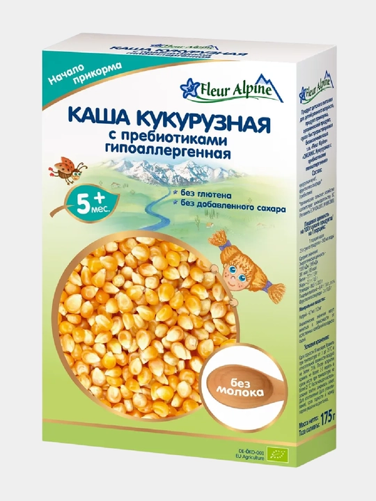 Sutsiz makkajo'xori bo'tqasi Fleur Alpine, prebiyotiklar bilan gipoallergen, 5 oydan boshlab, 175 g