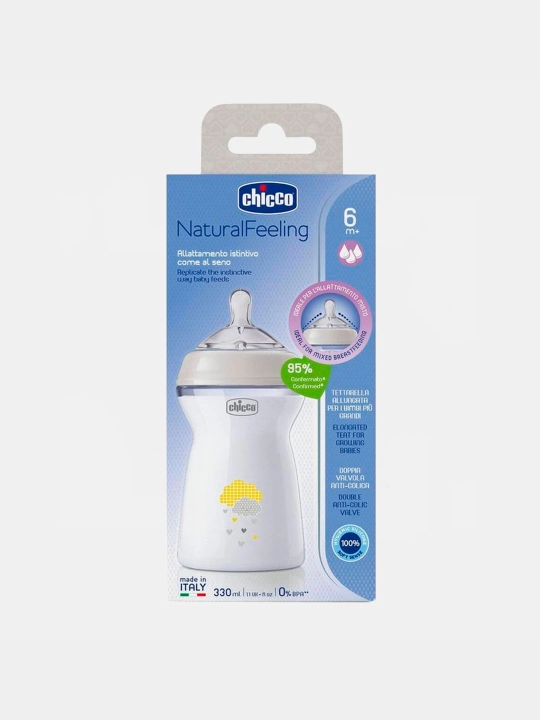 Shisha Chicco Natural Feeling, plastik, tez oqimli, 6 oy +, 330 ml