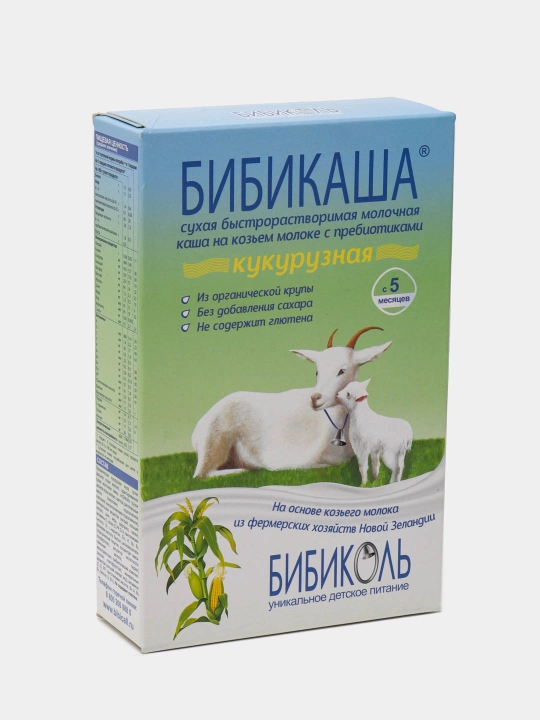 Bo'tqa Бибиколь "Bibikasha", makkajo'xorili echki suti prebiyotiklar bilan, 5 oy+, 200 g