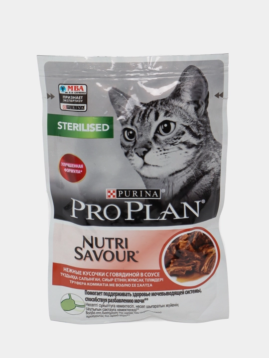Nam ovqat Pro Plan sterillangan uchun, sousdagi mol go'shti bo'laklari, 85 g, 24 шт - 