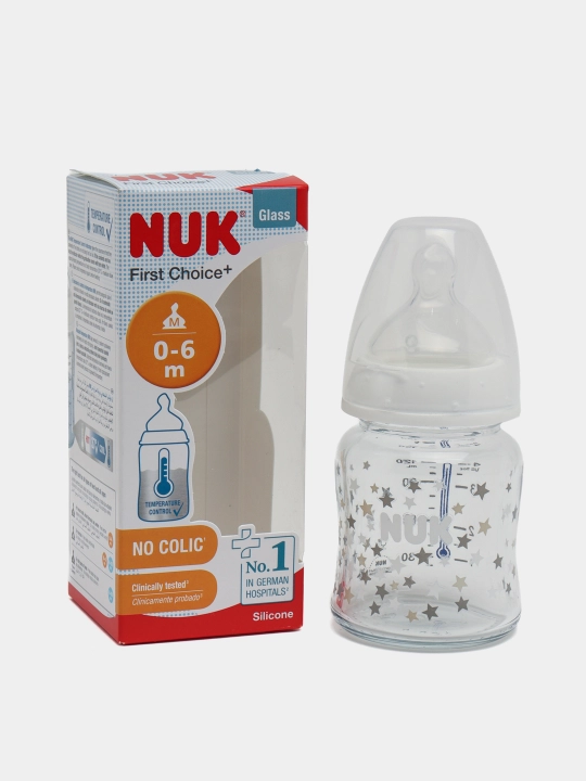 NUK First Choice Plus butilkasi, shisha, harorat nazorati, 120 ml, 0-6 oylar, silicon, M
