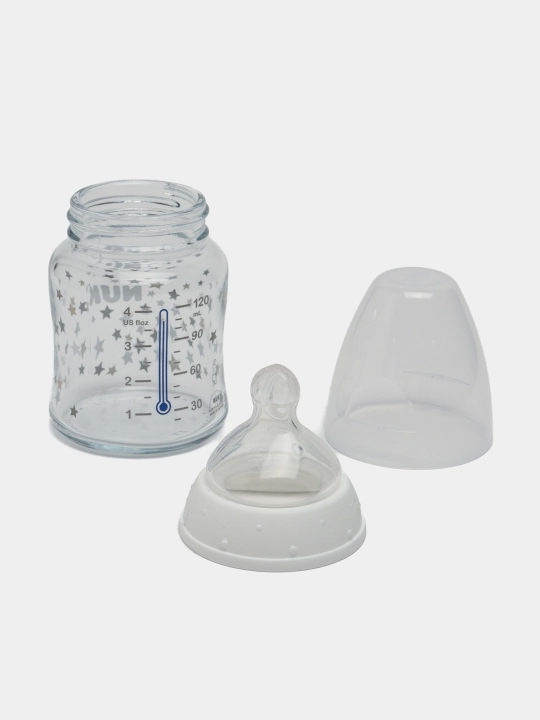 NUK First Choice Plus butilkasi, shisha, harorat nazorati, 120 ml, 0-6 oylar, silicon, M