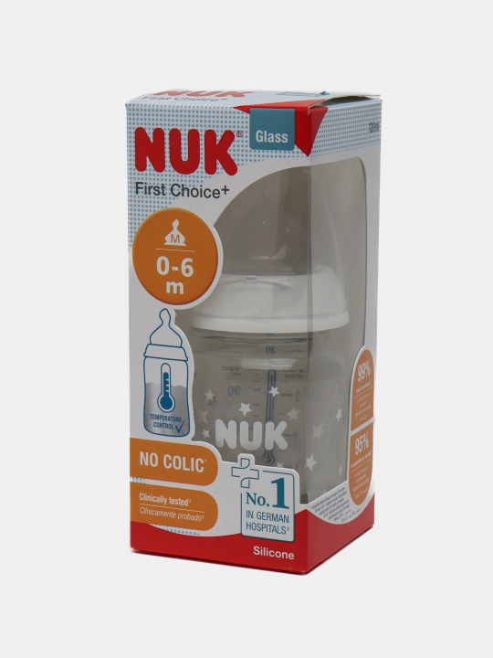 NUK First Choice Plus butilkasi, shisha, harorat nazorati, 120 ml, 0-6 oylar, silicon, M