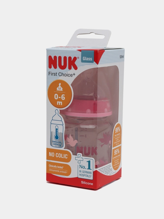 NUK First Choice Plus butilkasi, shisha, harorat nazorati, 120 ml, 0-6 oylar, silicon, M