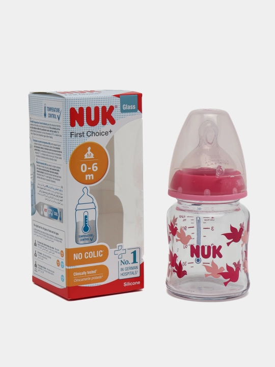 NUK First Choice Plus butilkasi, shisha, harorat nazorati, 120 ml, 0-6 oylar, silicon, M