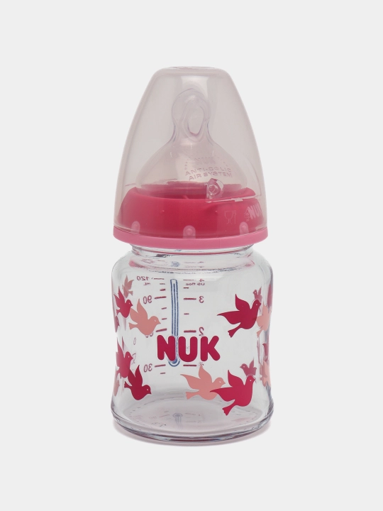 NUK First Choice Plus butilkasi, shisha, harorat nazorati, 120 ml, 0-6 oylar, silicon, M - 