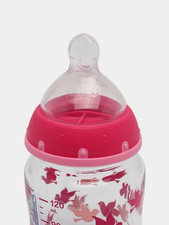 NUK First Choice Plus butilkasi, shisha, harorat nazorati, 120 ml, 0-6 oylar, silicon, M