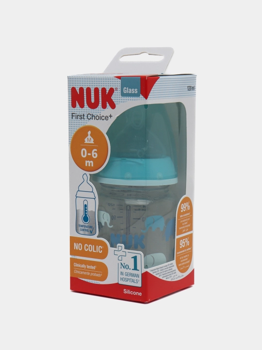 NUK First Choice Plus butilkasi, shisha, harorat nazorati, 120 ml, 0-6 oylar, silicon, M