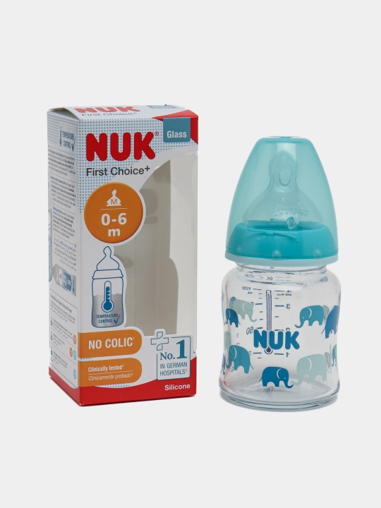 NUK First Choice Plus butilkasi, shisha, harorat nazorati, 120 ml, 0-6 oylar, silicon, M