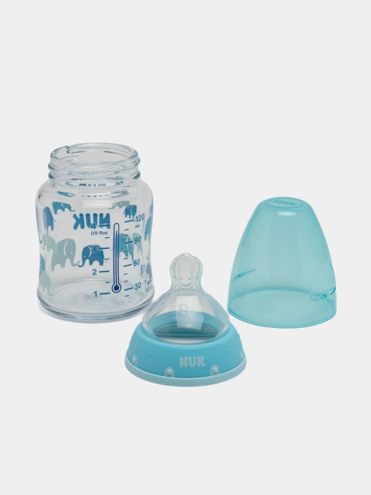 NUK First Choice Plus butilkasi, shisha, harorat nazorati, 120 ml, 0-6 oylar, silicon, M