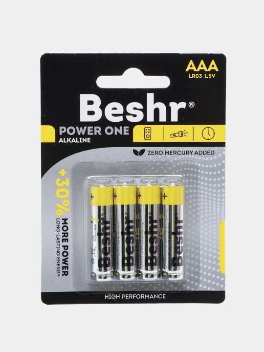 Batareykalar, o'lchami AAA, 4 dona, Beshr Power One, alkalin batareykalar, pult uchun