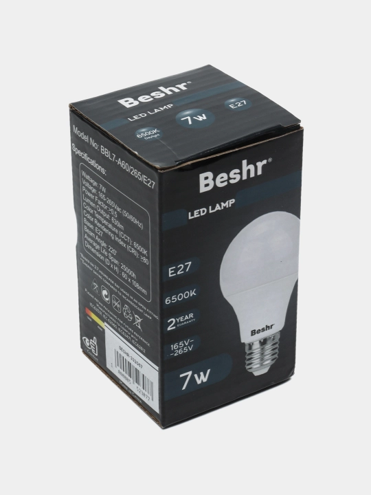 LED lampa, 7 Vt, 6500K- sovuq rang, E27, Beshr, energiya tejamkor, diodli lampa