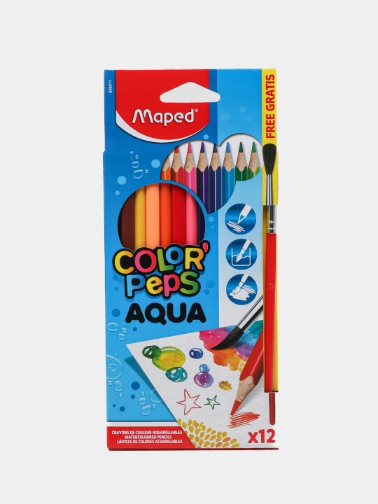 Карандаши цветные и кисточка Maped Color Peps Aqua, 12 цветов, 836011