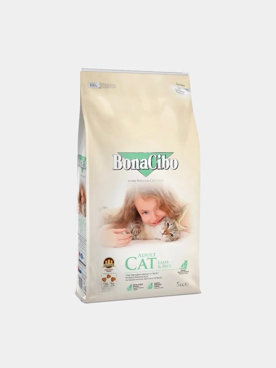 BonaCibo mushuklar uchun quruq yem, qo‘y go‘shti va guruch bilan, 5 kg