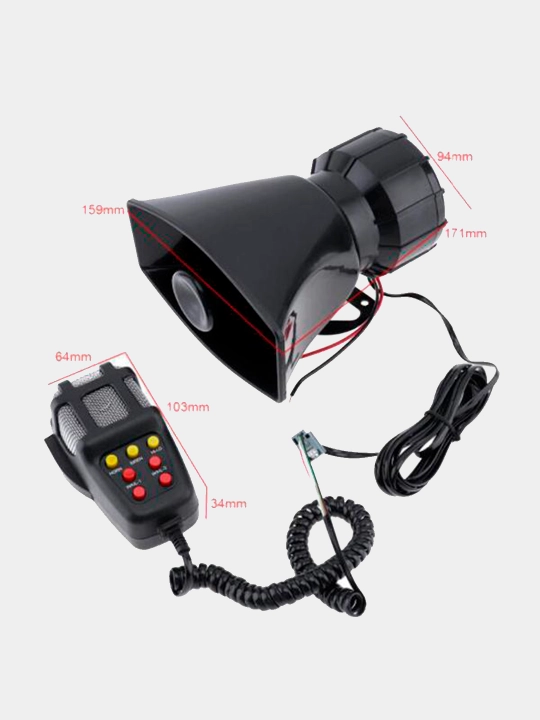 Sirena, karnay va mikrofon bilan SGU, 7 xil signal, 12V, 100W, 150 Db