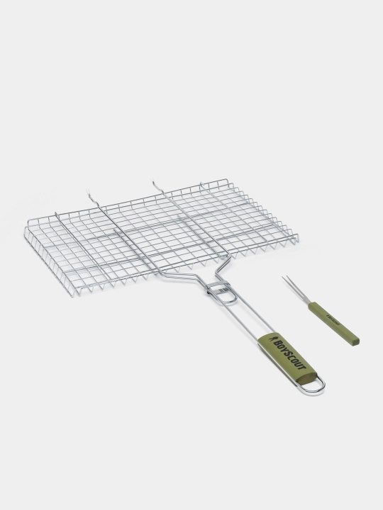 Steyk uchun grill-panjara, katta, sanchqi bilan, 45 * 27 * 2 sm, sovg'a sifatida yelpig'ich