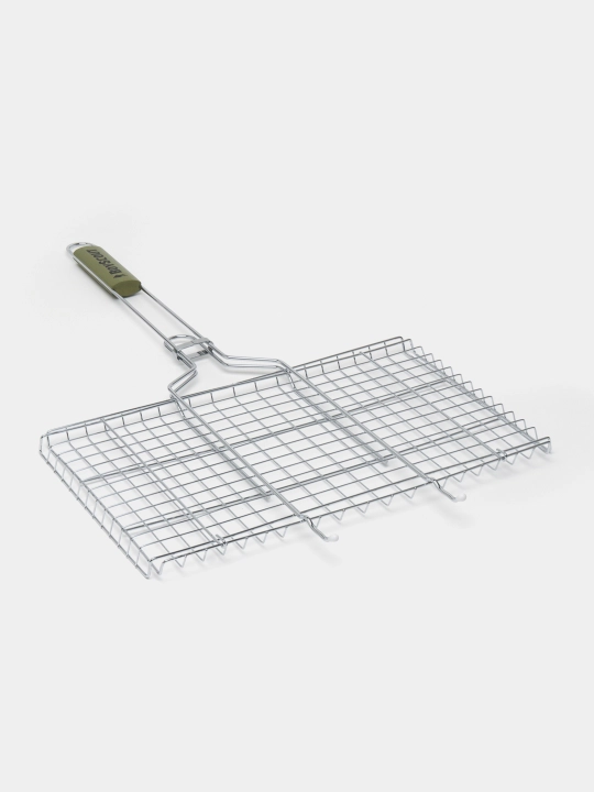 Steyk uchun grill-panjara, katta, sanchqi bilan, 45 * 27 * 2 sm, sovg'a sifatida yelpig'ich