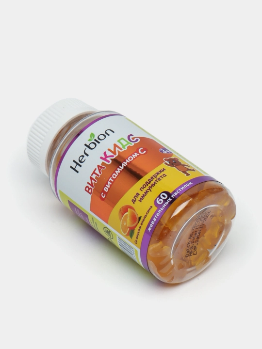 VitaKids S vitamini bilan, bolalar uchun apelsin ta’mli vitaminlar Herbion, 60 dona