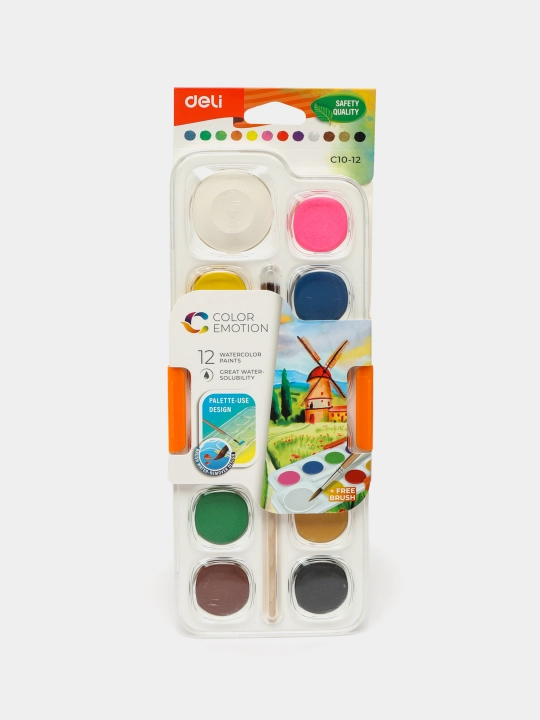 Акварель Deli EC10-12, с кистью, 12 цветов, q0000014144 - 