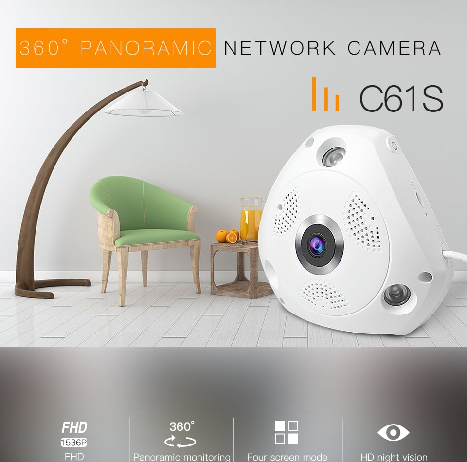 Камера WiFi Vstarcam C61S, 3MP супер панарамная FuII HD качество,  видео+аудио, 360-градус купить по низким ценам в интернет-магазине Uzum  (651736)