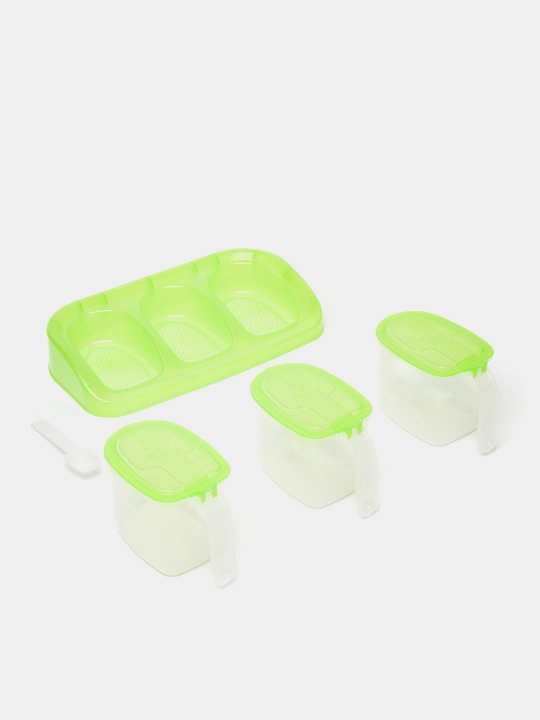 Ziravorlar uchun plastmassa idishlar to‘plami, oshxona uchun, qoshiq va qopqoqli - 