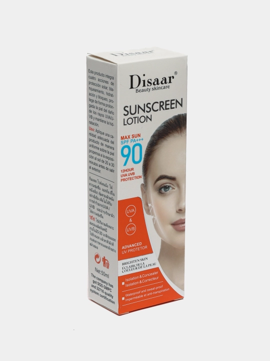 Quyoshdan saqlaydigan krem Disaar SPF 90, uzoq muddatli UV himoyasi, terini namlovchi krem, 50 ml