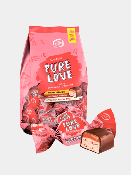 Konti - qulupnayli qaymoq ta’mli Pure love konfetlari, 500 g