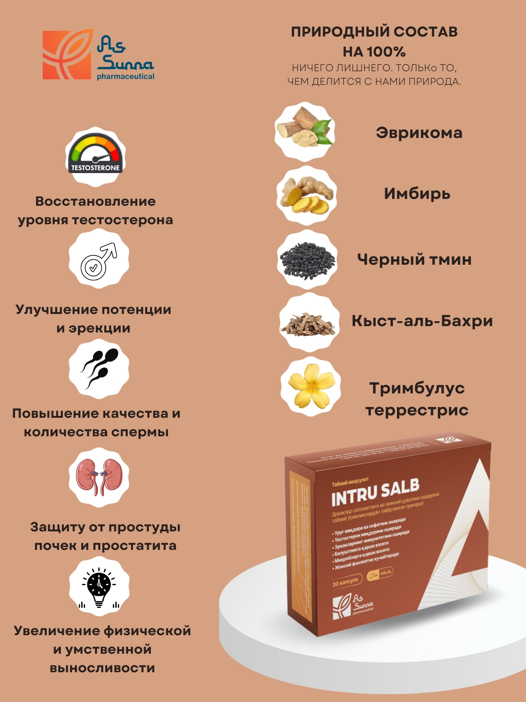 Халяль, Интру Салб, Витамины для мужчин, Простатит/аденома, тестостерон,  Ac-cунна, 30 кап купить по низким ценам в интернет-магазине Uzum (717809)